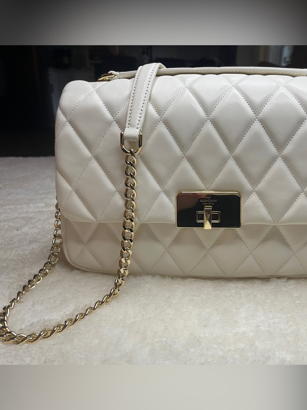 Kate Spade Carey Medium Flap Quilted Cream Shoulder Bag with Gold Chain